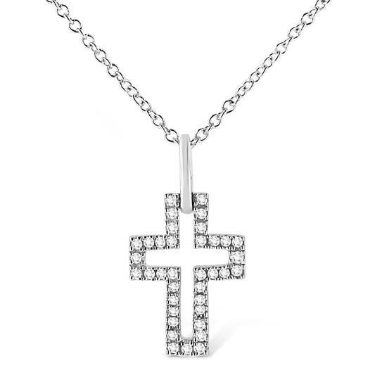 Front view of a white metal necklace with a cross-shaped pendant featuring round white gemstones in a pave setting.