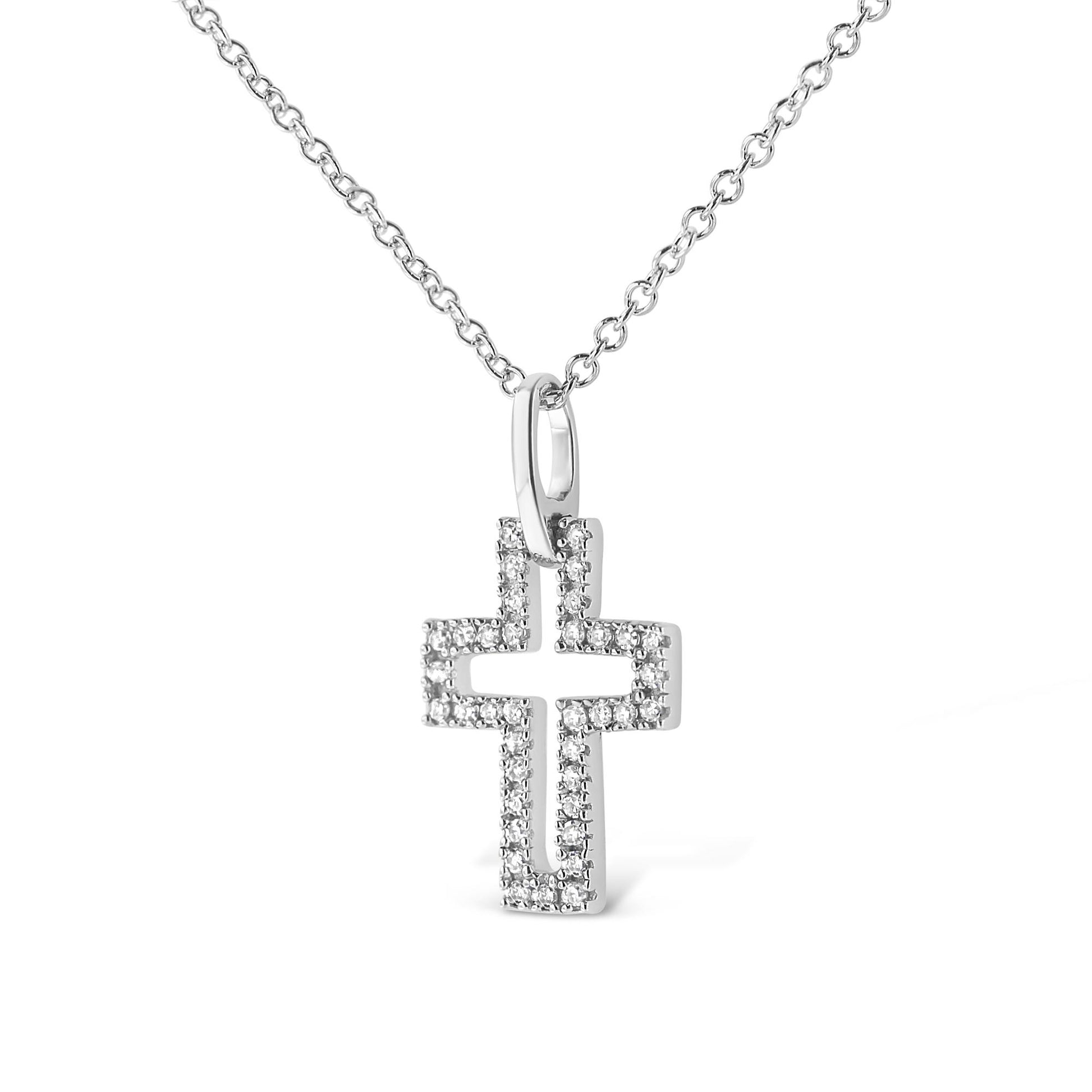 Front view of a white metal cross-shaped necklace pendant with round white gemstones in pave setting on a chain.