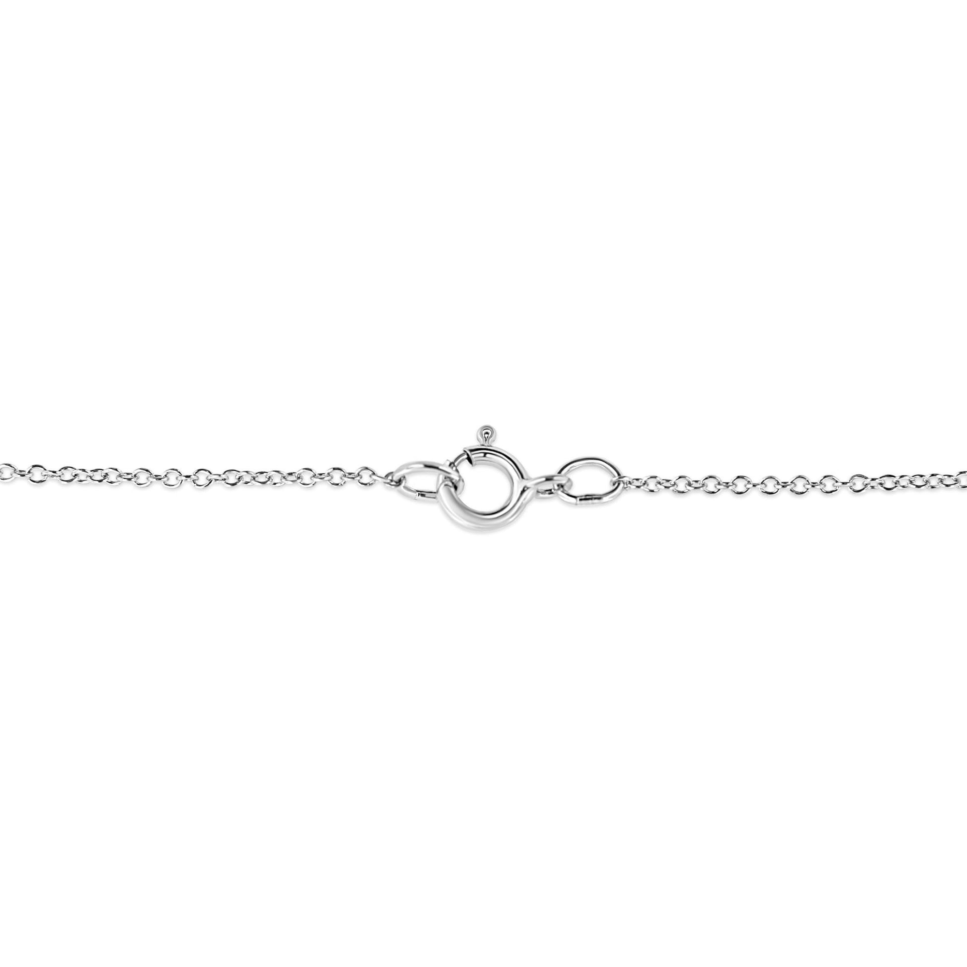Close-up front view of the white metal necklace chain clasp without visible gemstones.