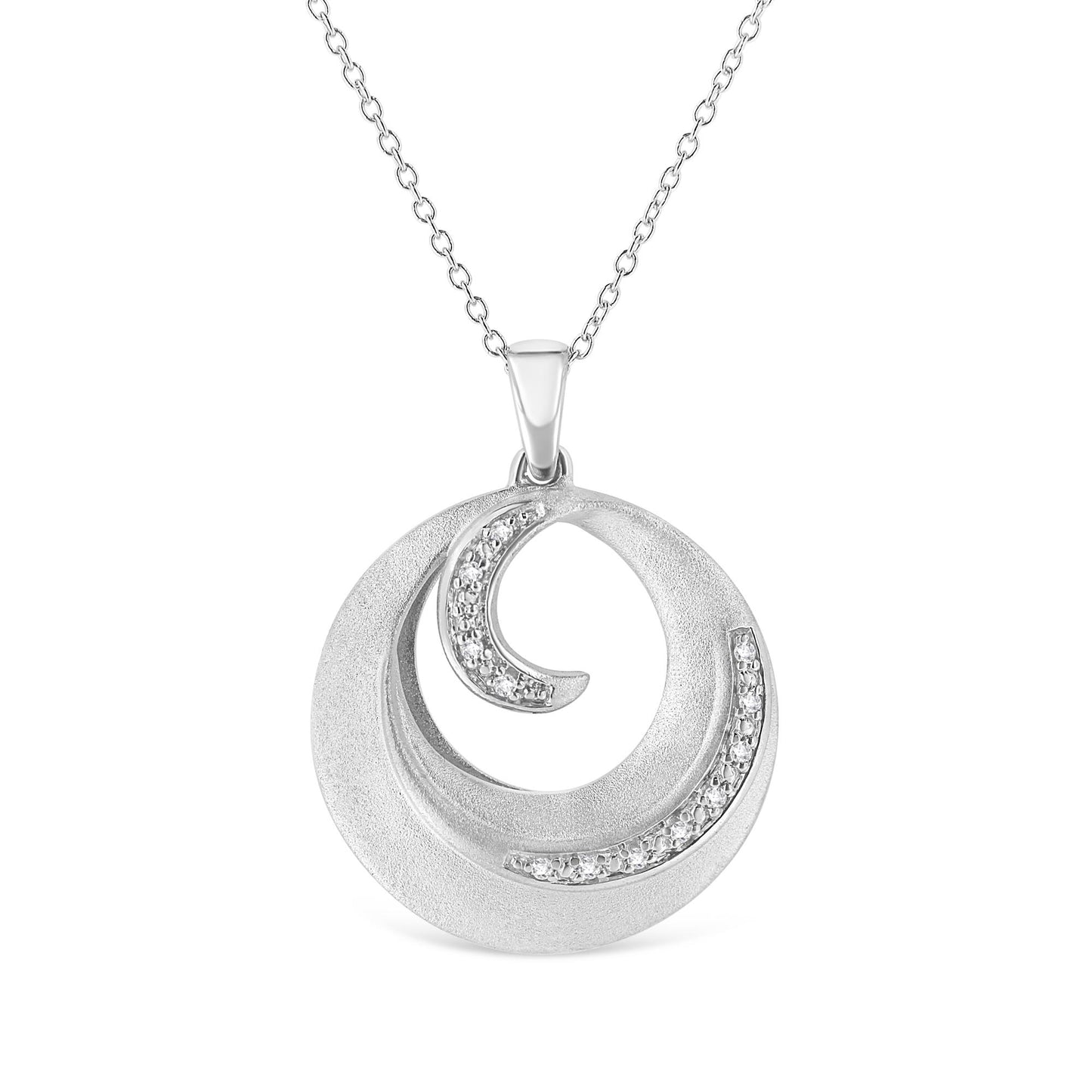 Front view of a white metal necklace with a spiral circular pendant featuring two curved sections set with small white gemstones in a pave setting.
