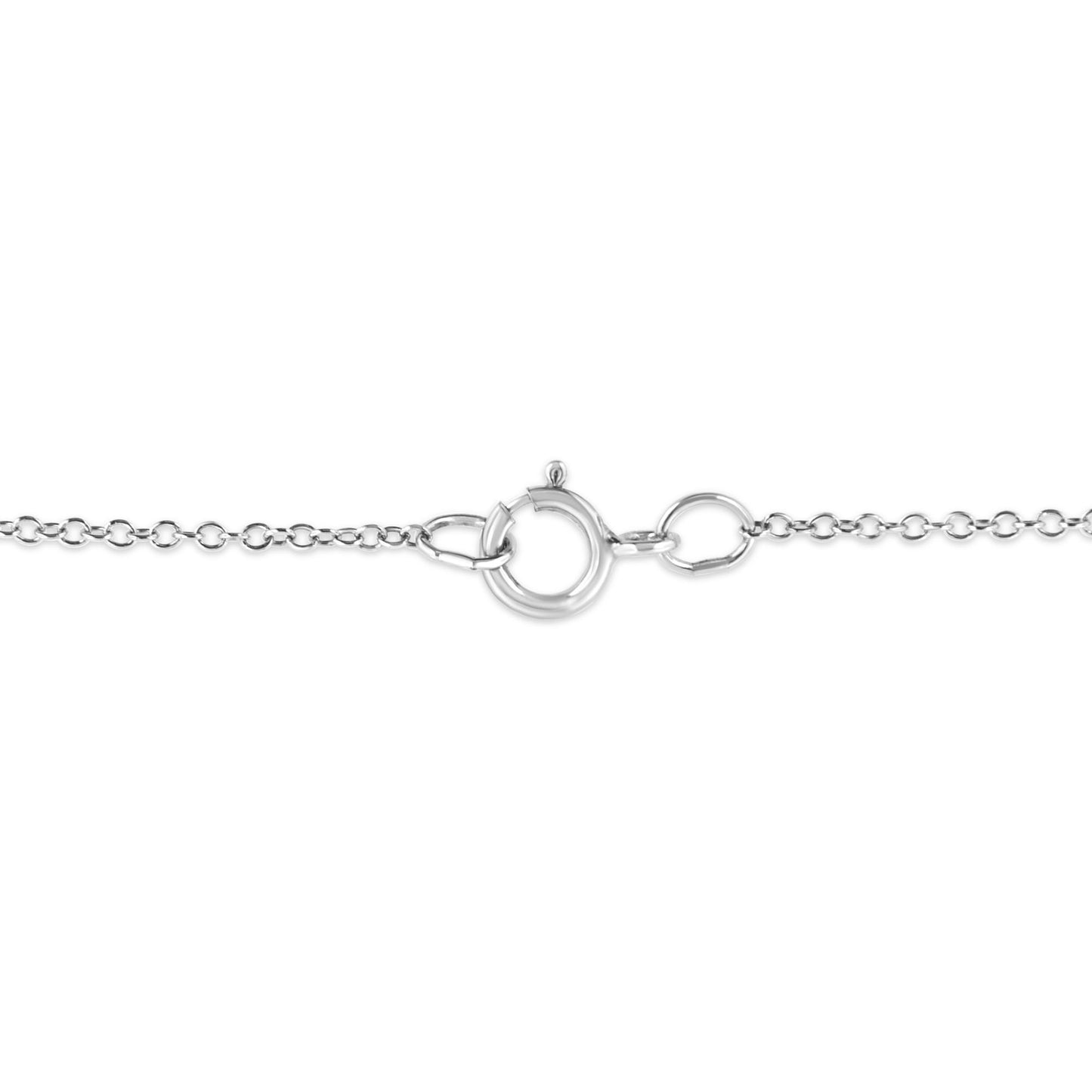 Close-up front view of a white metal necklace chain with a round clasp closure.