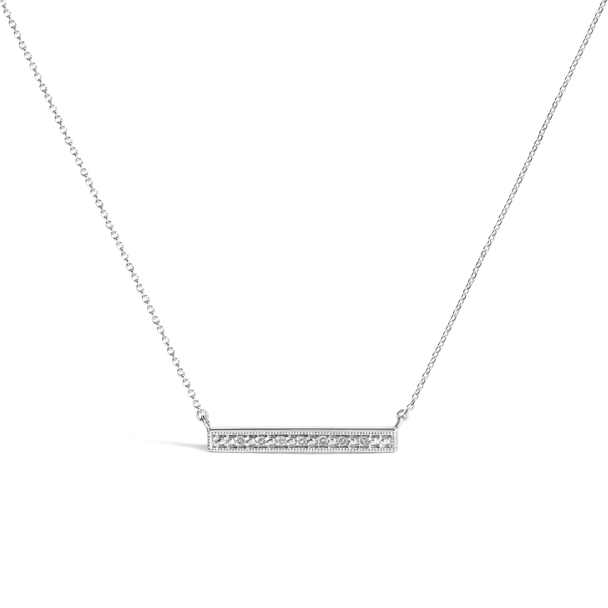 White metal necklace with a horizontal rectangular pendant featuring a single row of round white gemstones set in prong settings, shown in a front-facing angle.