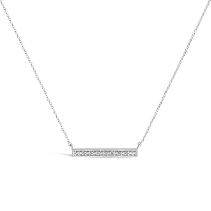 White metal necklace with a horizontal rectangular pendant featuring a single row of round white gemstones set in prong settings, shown in a front-facing angle.