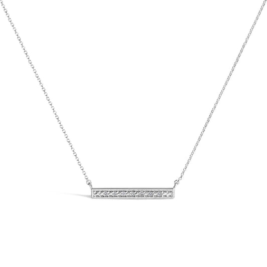 White metal necklace with a horizontal rectangular pendant featuring a single row of round white gemstones set in prong settings, shown in a front-facing angle.