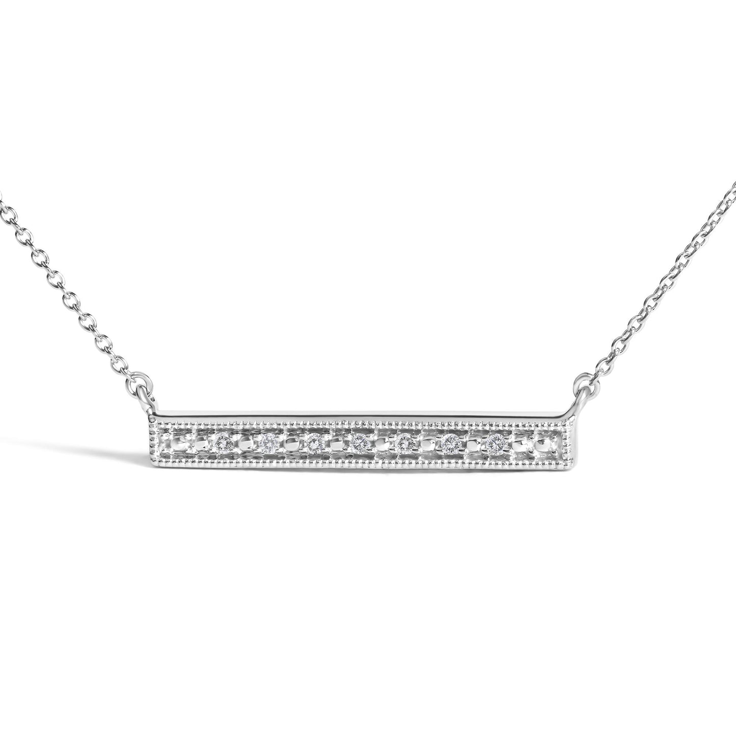 Close-up front view of a white metal necklace with a horizontal rectangular bar pendant set with round white gemstones in prong settings, shown on a white background.