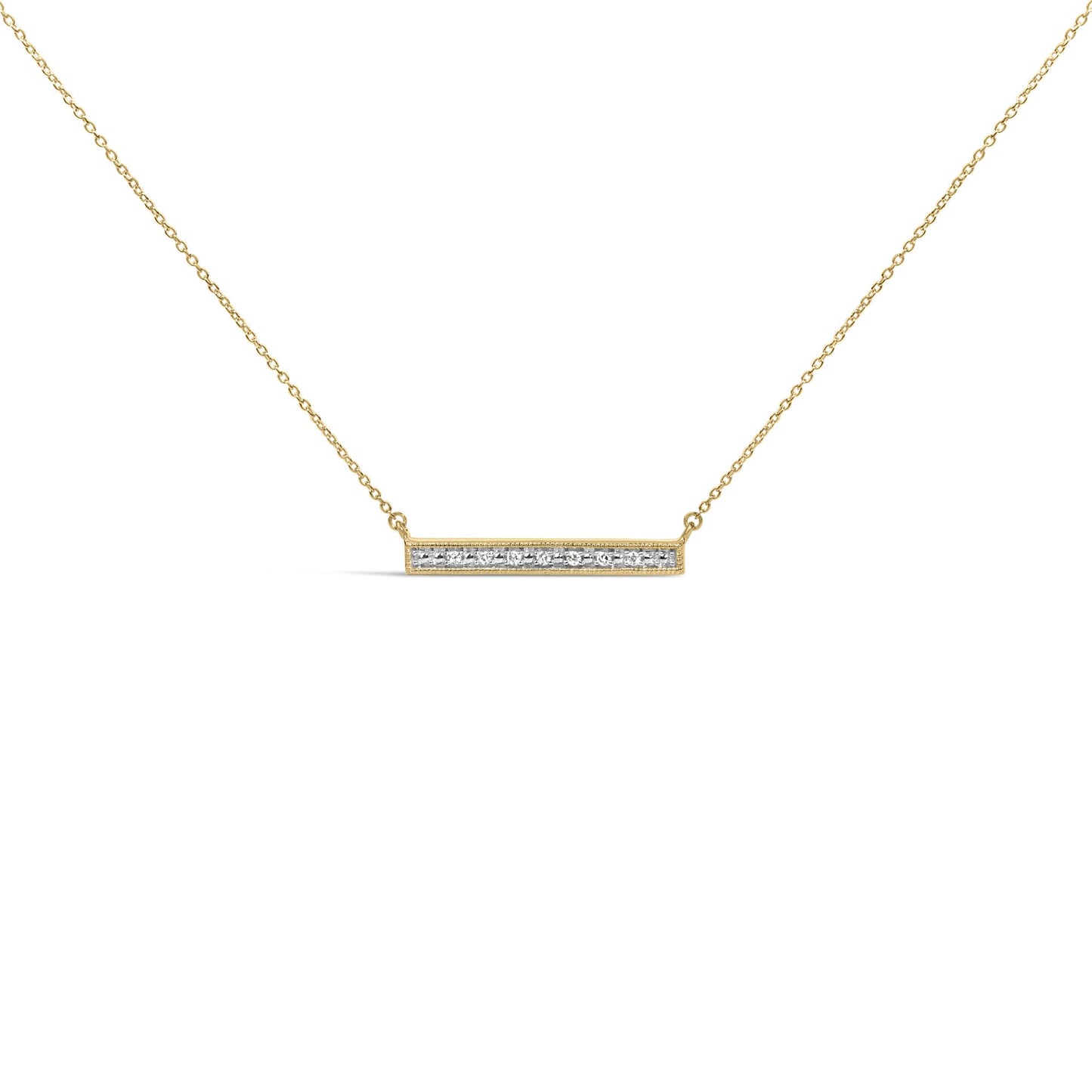 Close-up front view of a yellow metal necklace with a horizontal rectangular bar pendant featuring a row of round white gemstones in prong settings.