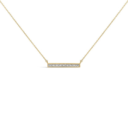 Close-up front view of a yellow metal necklace with a horizontal rectangular bar pendant featuring a row of round white gemstones in prong settings.