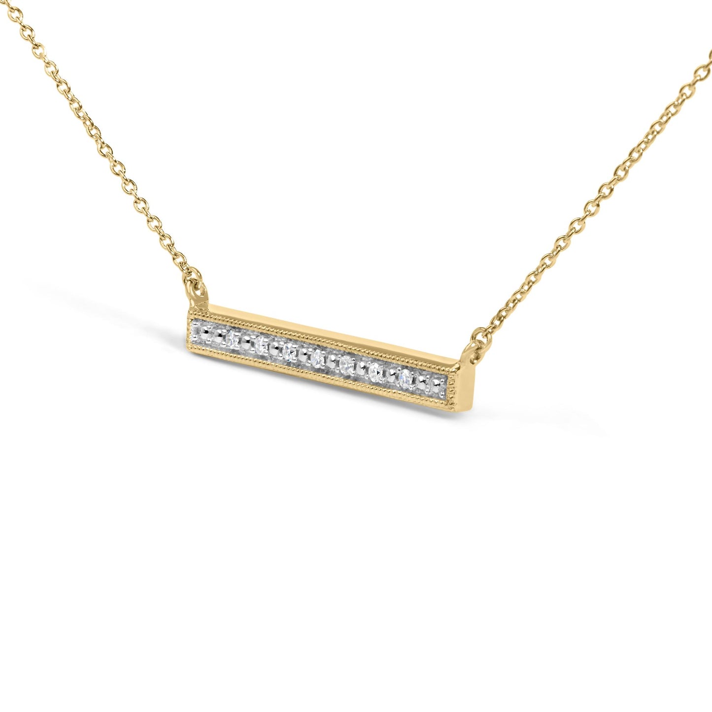 Close-up front angle of a yellow metal bar necklace with seven white gemstones in a row, shown on a white background.