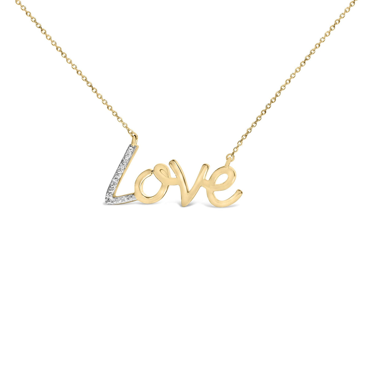 Close-up front view of a yellow metal necklace with the word 'Love' in cursive, featuring white gemstones in prong setting on the 'L' letter shown on a white background.
