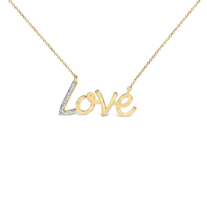 Close-up front view of a yellow metal necklace with the word 'Love' in cursive, featuring white gemstones in prong setting on the 'L' letter shown on a white background.