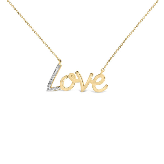Close-up front view of a yellow metal necklace with the word 'Love' in cursive, featuring white gemstones in prong setting on the 'L' letter shown on a white background.