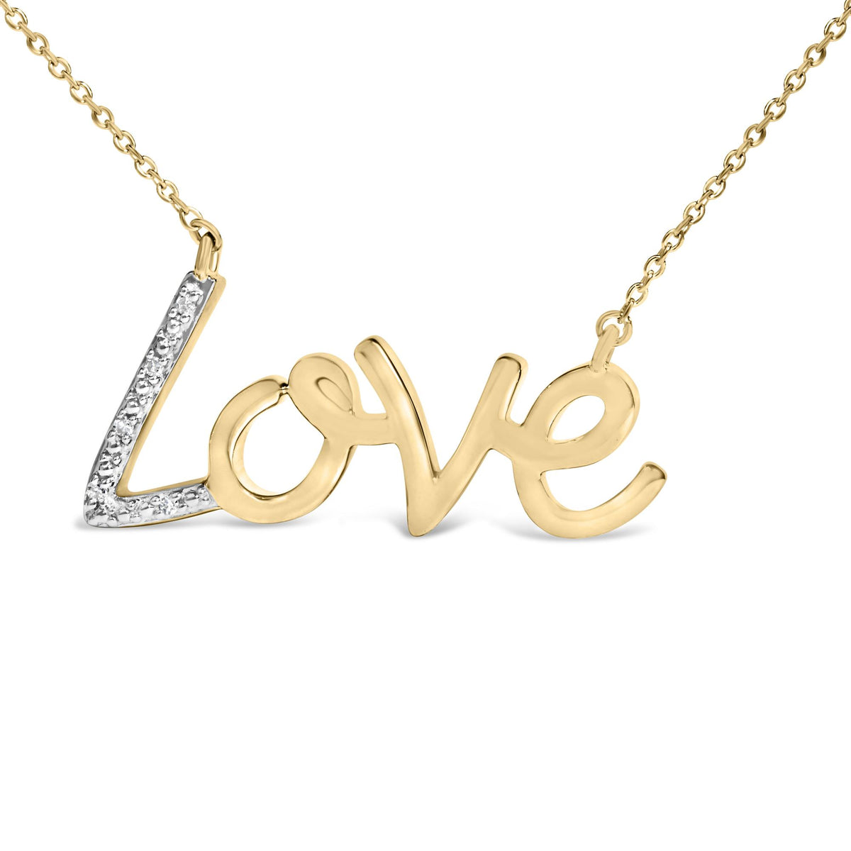 Close-up front view of a yellow metal necklace pendant spelling 'Love' with round white gemstones set in prongs on the letter 'L,' shown on a white background.