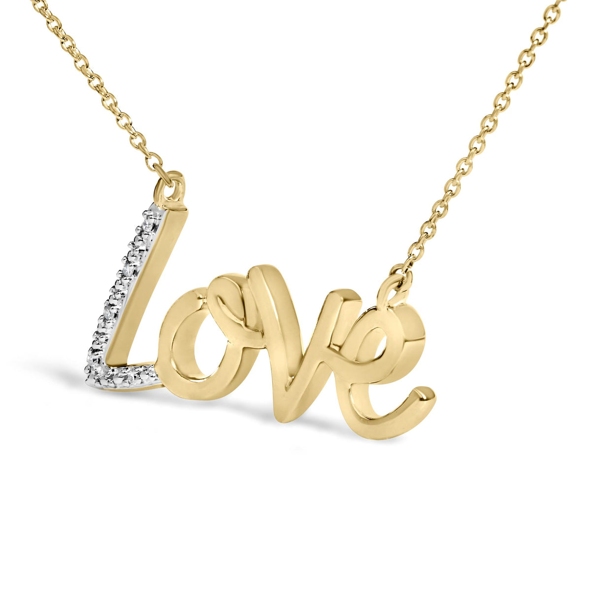 Close-up angled view of a yellow metal necklace pendant spelling 'love' with one side of the 'L' accented with five round white gemstones in prong settings, shown on a white background.