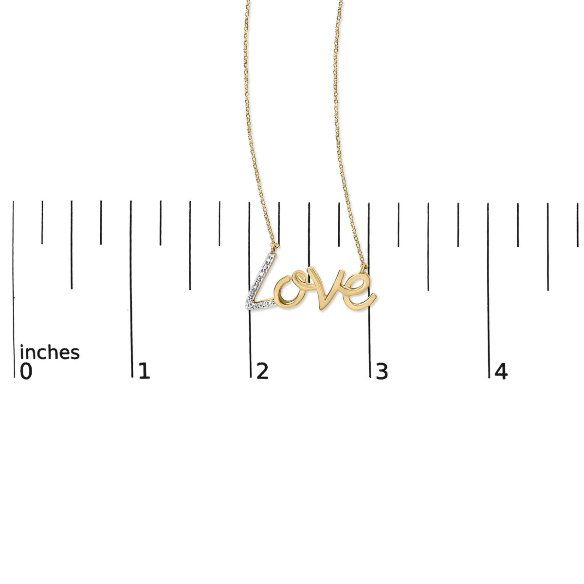 Close-up front view of a yellow metal necklace with the word 'Love' pendant, featuring five white gemstones set on the letter 'L,' displayed on a measurement scale.