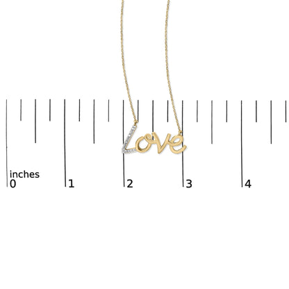 Close-up front view of a yellow metal necklace with the word 'Love' pendant, featuring five white gemstones set on the letter 'L,' displayed on a measurement scale.