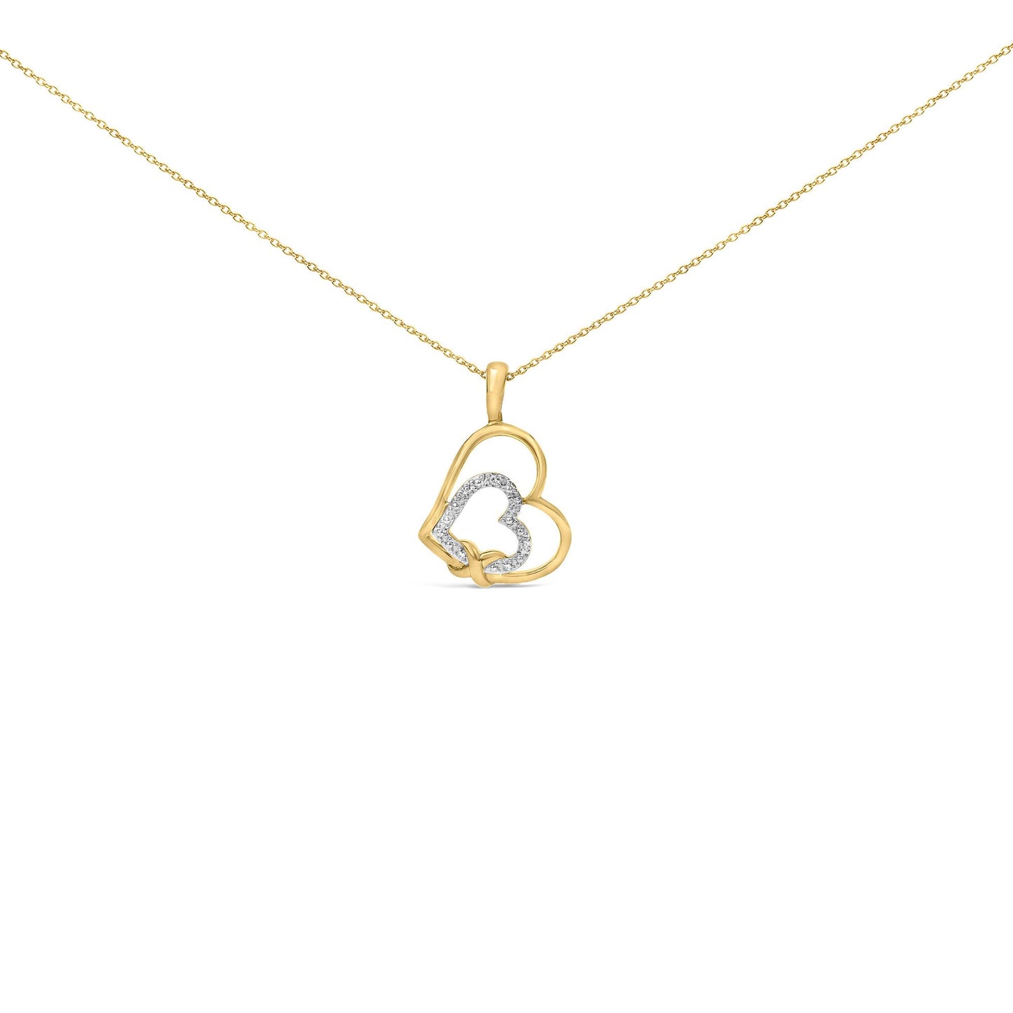 Close-up front angle of a yellow necklace with a pendant featuring two intertwined hearts, one outlined with small white gemstones in a pave setting.