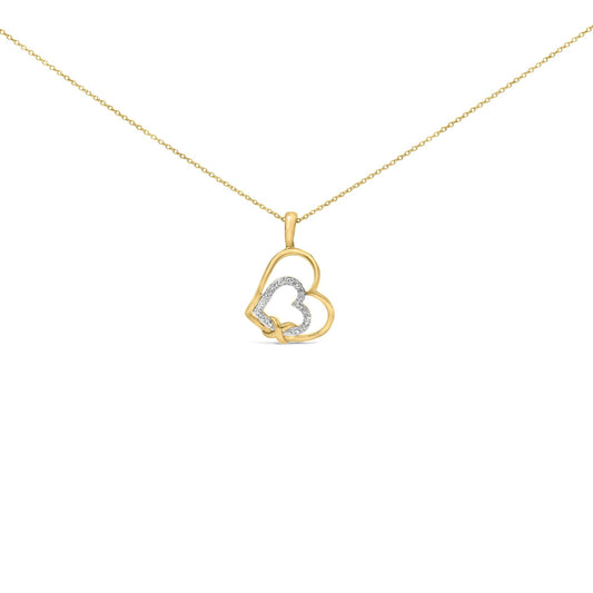 Close-up front angle of a yellow necklace with a pendant featuring two intertwined hearts, one outlined with small white gemstones in a pave setting.