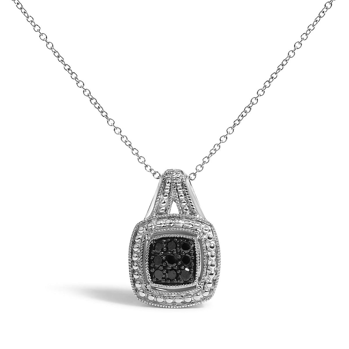 Close-up front view of a white metal necklace pendant with a cushion shape featuring black round pave-set gemstones, displayed on a white background.