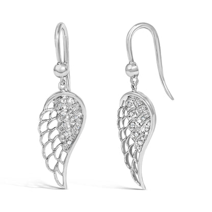 Close-up front view of a pair of white metal earrings with a leaf-like design featuring pave-set round white gemstones, shown on a white background.