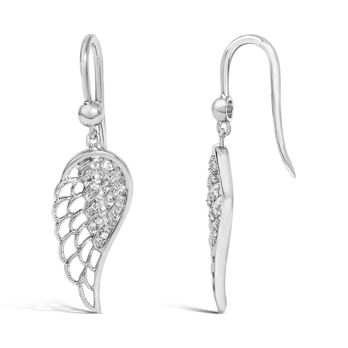 Close-up front and side view of white metal earrings with an openwork teardrop design featuring pave-set white gemstones.