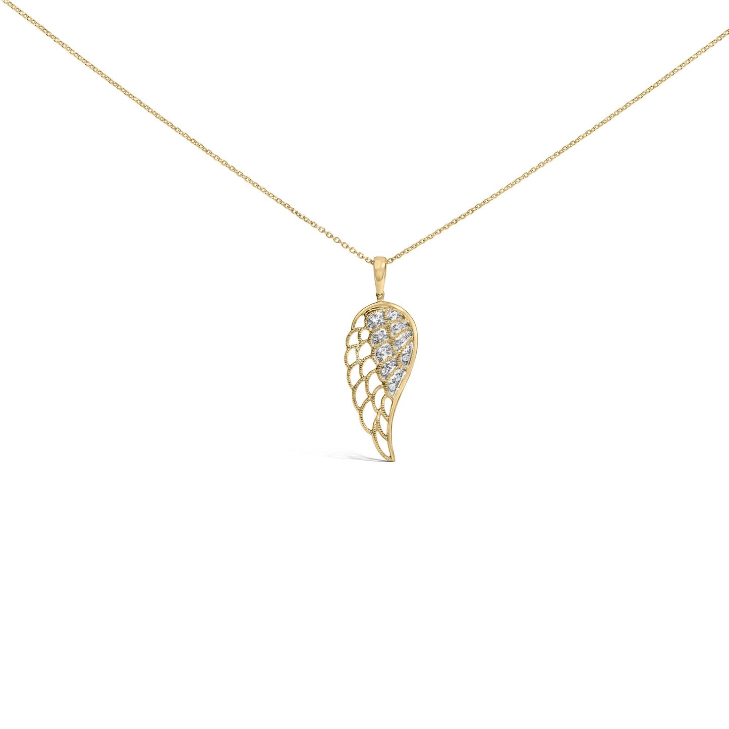 Close-up front angle of a yellow necklace with a wing-shaped pendant featuring pave-set white round gemstones.