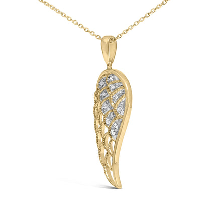 Close-up side view of a yellow metal necklace pendant featuring a curved elongated shape with a lattice design embellished with white gemstones in a pave setting.