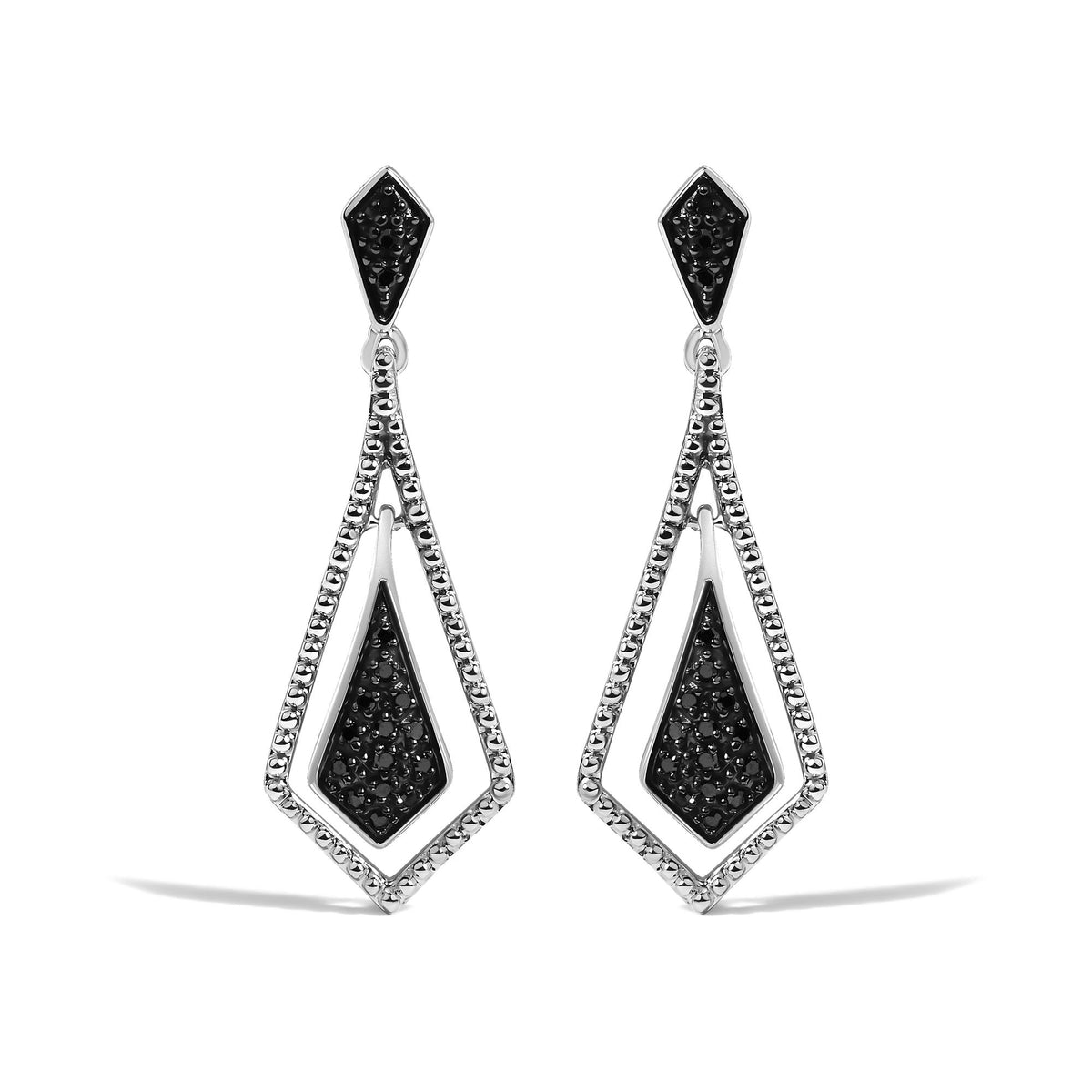 Close-up front view of a pair of white metal earrings featuring geometric shapes with black gemstones in pave settings.