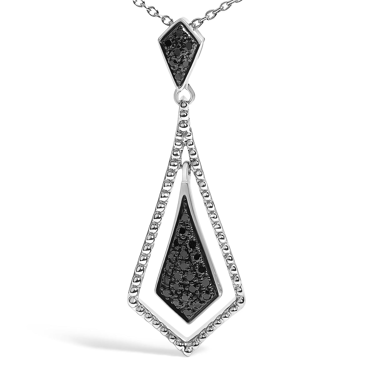 Close-up front angled view of a white necklace with two connected geometric pendants. Both pendants feature black gemstones in a pave setting framed by an openwork border. The chain is partially visible.