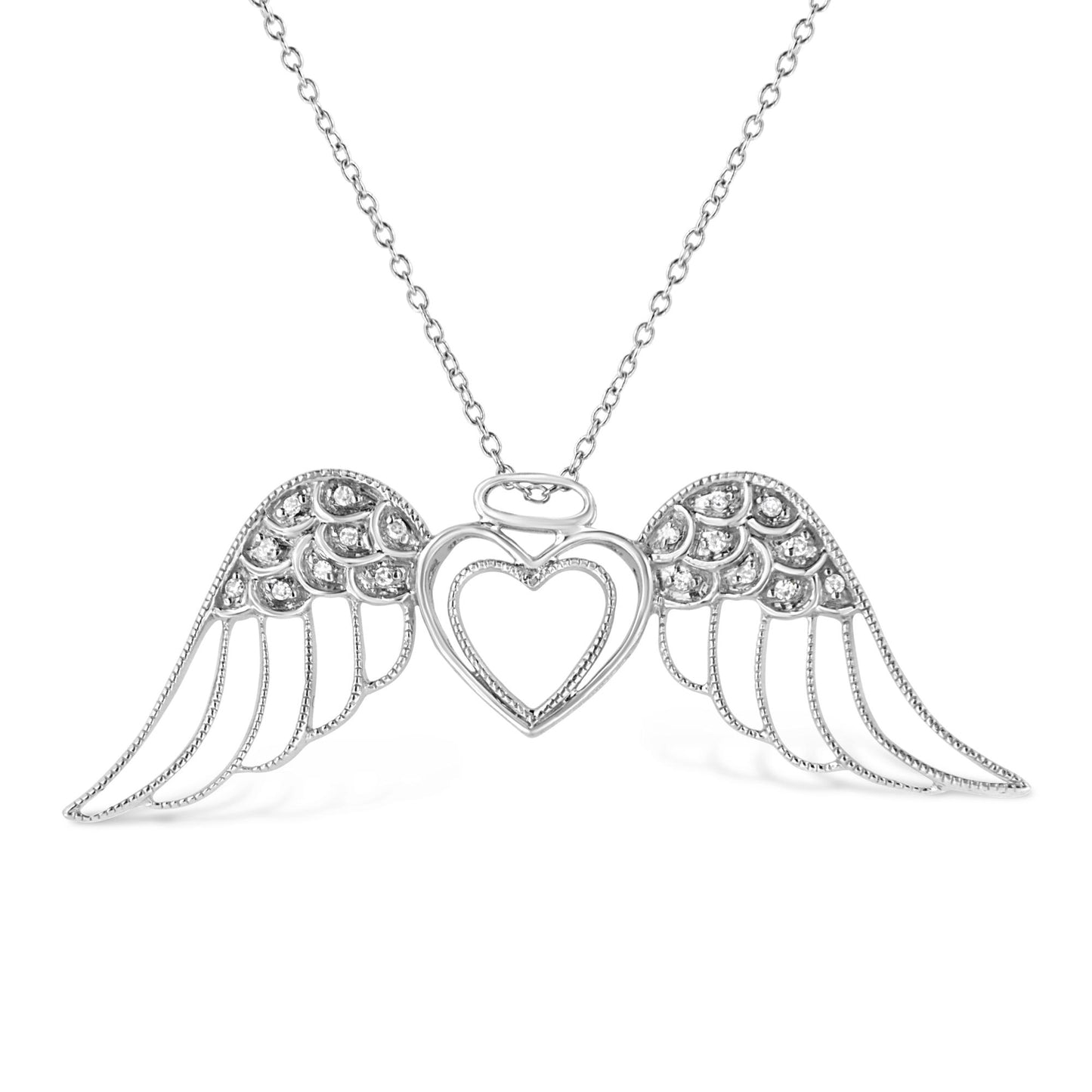 Front-facing shot of a white metal necklace with a heart-shaped pendant flanked by angel wings, each wing adorned with round white gemstones in pave setting.