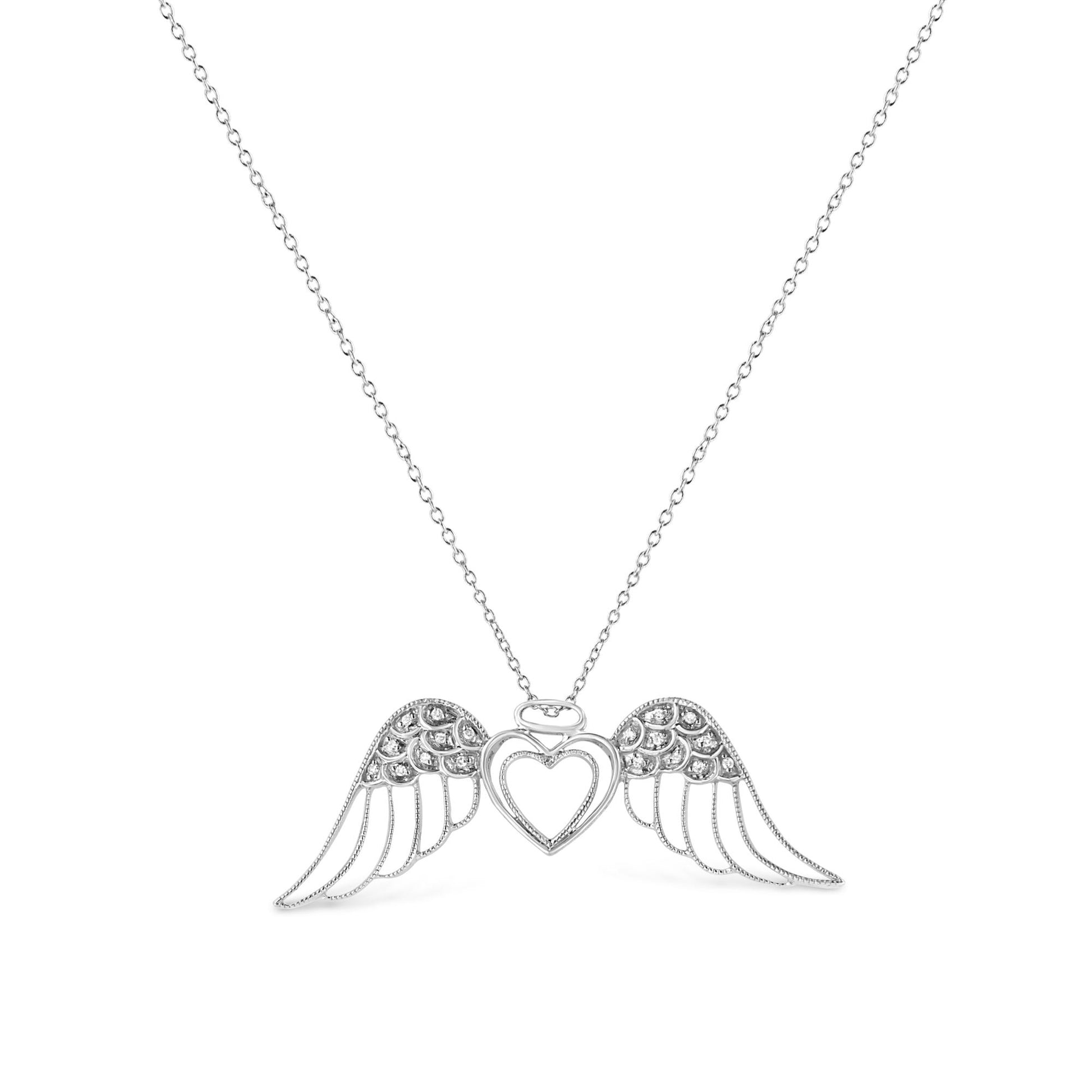 Front view of a white metal necklace with a pendant shaped like a heart with an angel halo and wings, decorated with round white gemstones in a pave setting.