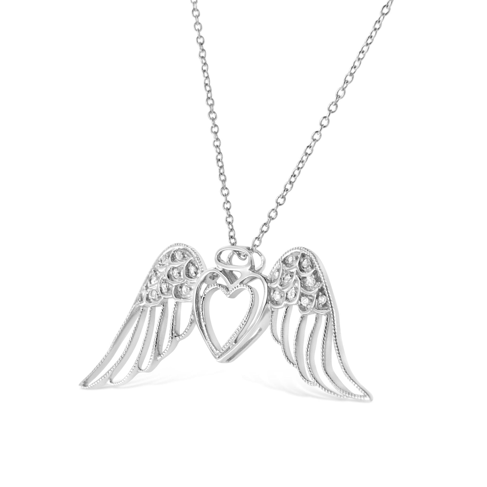 Front angle view of a white metal necklace with a pendant featuring an open heart shape flanked by two wings, each wing adorned with round white gemstones in a pave setting.