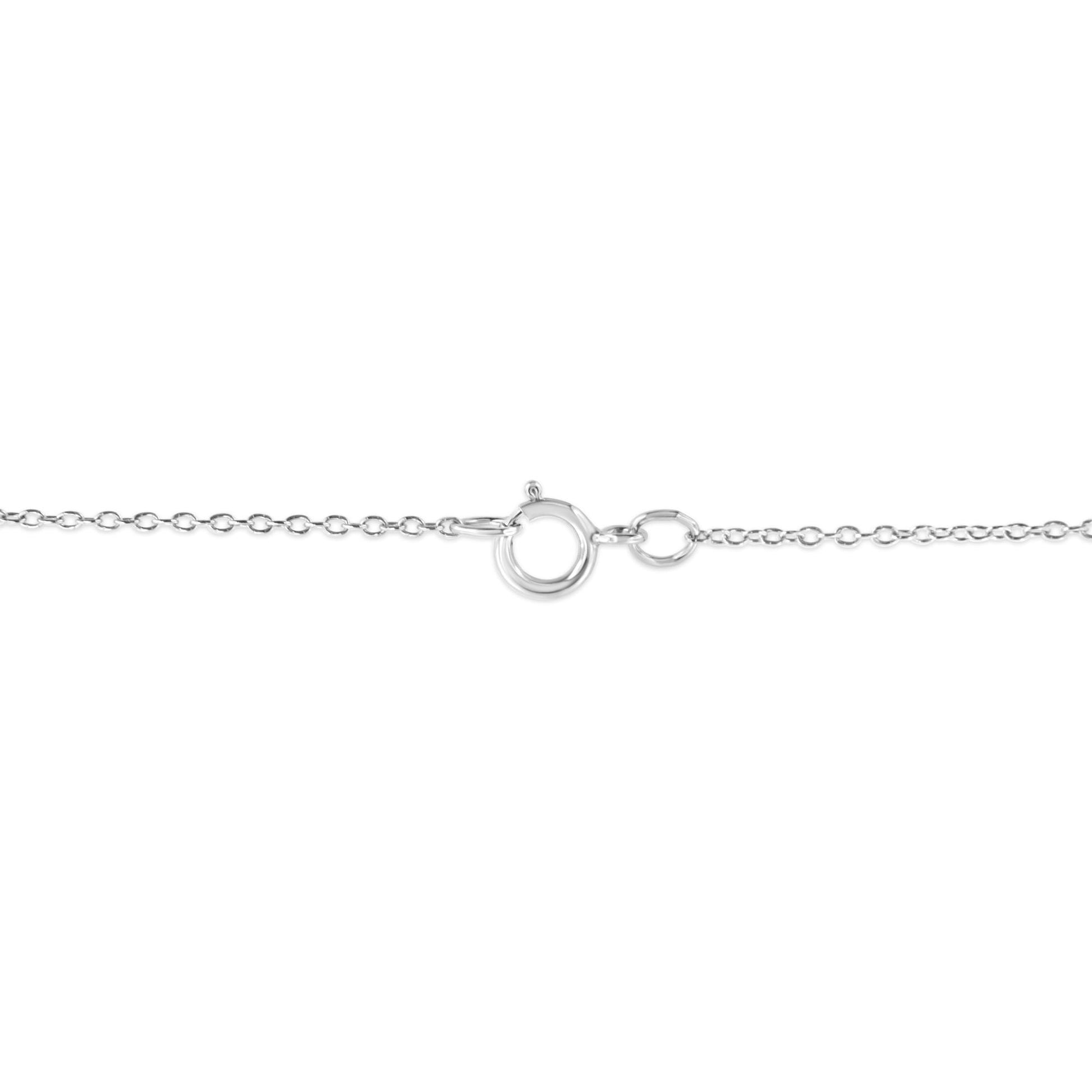 Close-up front view of a white metal necklace chain showing a spring ring clasp.