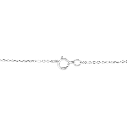 Close-up front view of a white metal necklace chain showing a spring ring clasp.