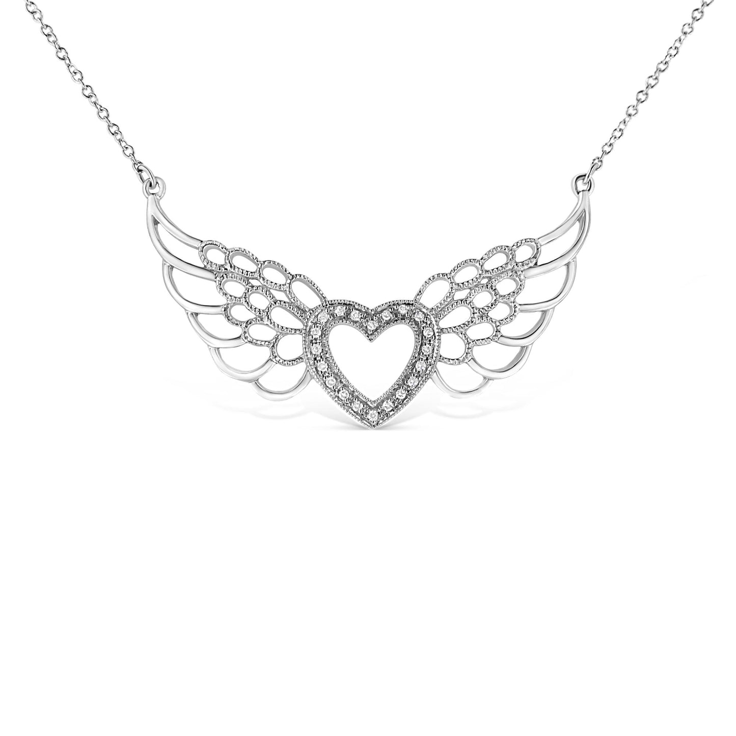 White metal necklace with a heart-shaped centerpiece bordered by pave-set round white gemstones and wing-like openwork designs on each side, shown from the front angle.