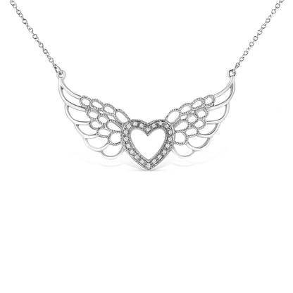 White metal necklace with a heart-shaped centerpiece bordered by pave-set round white gemstones and wing-like openwork designs on each side, shown from the front angle.