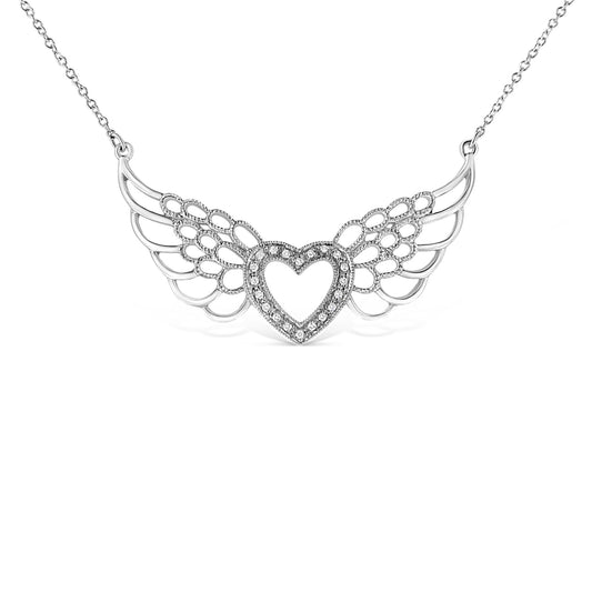 White metal necklace with a heart-shaped centerpiece bordered by pave-set round white gemstones and wing-like openwork designs on each side, shown from the front angle.
