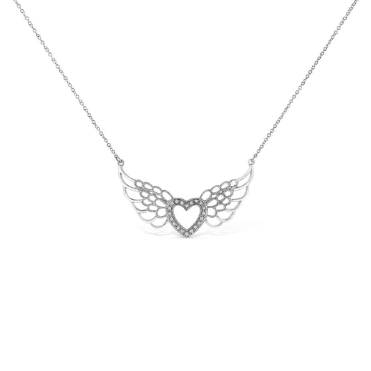 White metal necklace with a winged heart pendant featuring round white gemstones in a pave setting, front-facing shot.