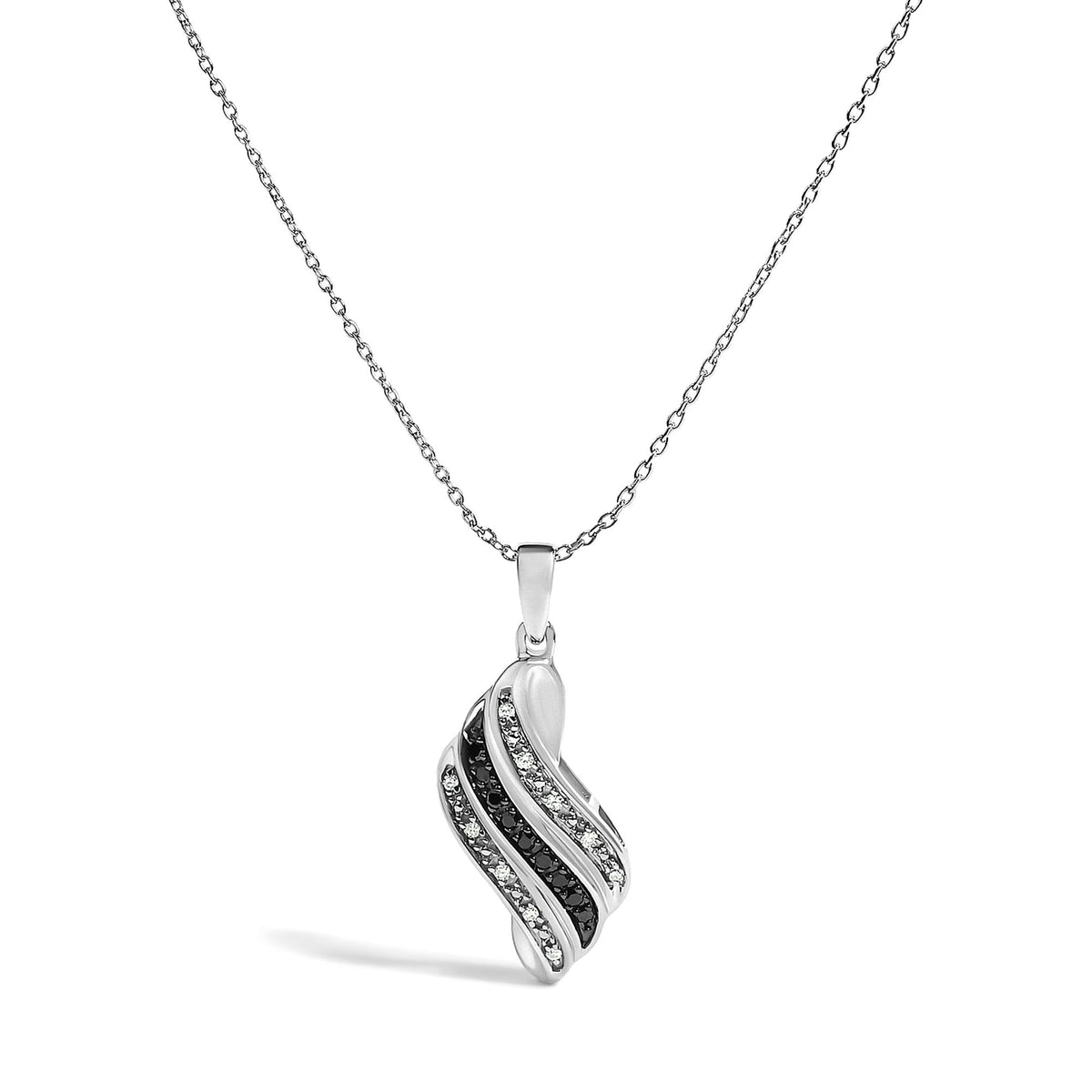 Close-up front view of a white metal necklace with a pendant featuring alternating rows of white gemstones in pave setting and black gemstones in prong setting, shown on a white background.