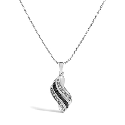 Close-up front view of a white metal necklace with a pendant featuring alternating rows of white gemstones in pave setting and black gemstones in prong setting, shown on a white background.