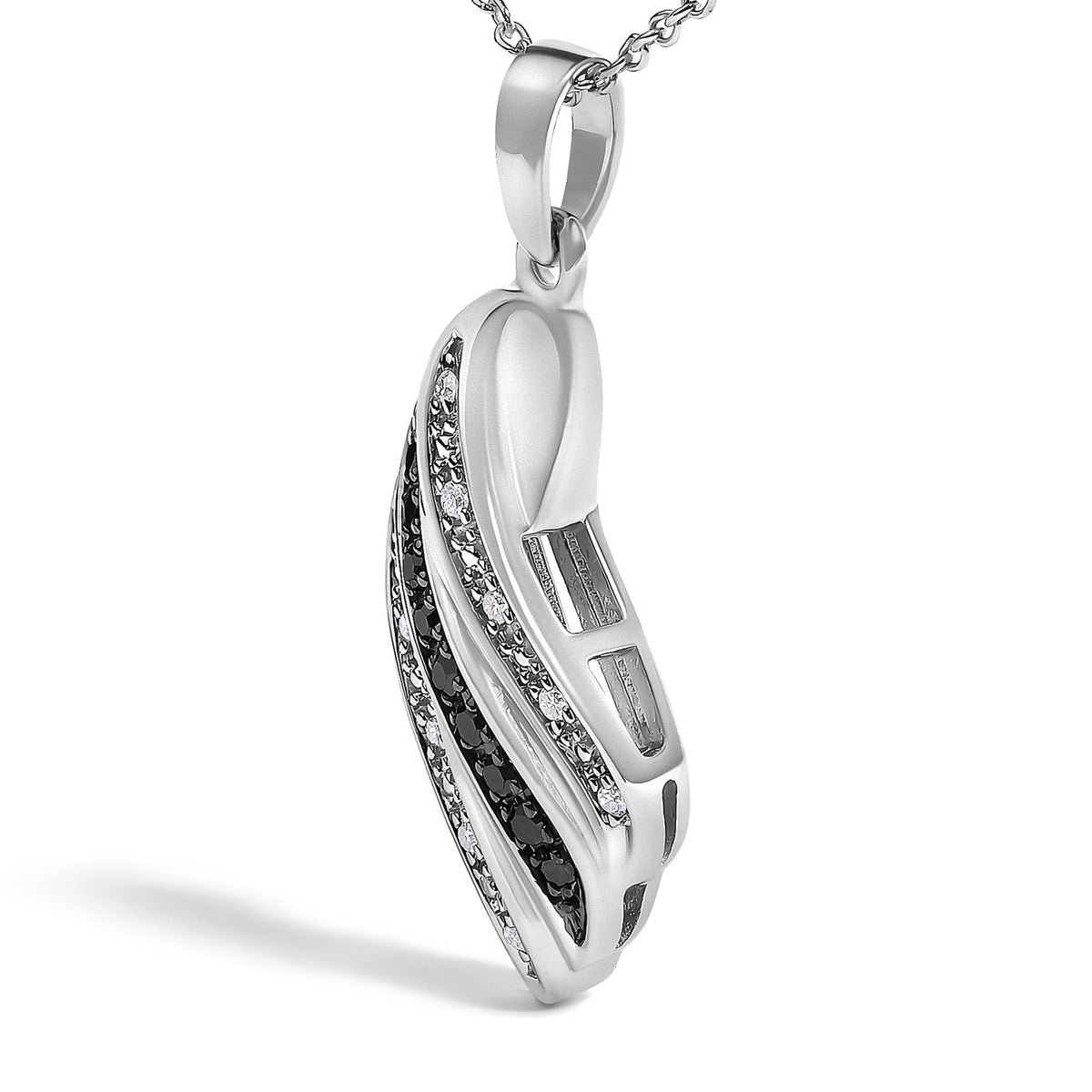 Close-up front angle of a white metal necklace pendant with intertwined design featuring rows of white gemstones in pave setting and black gemstones in prong setting.