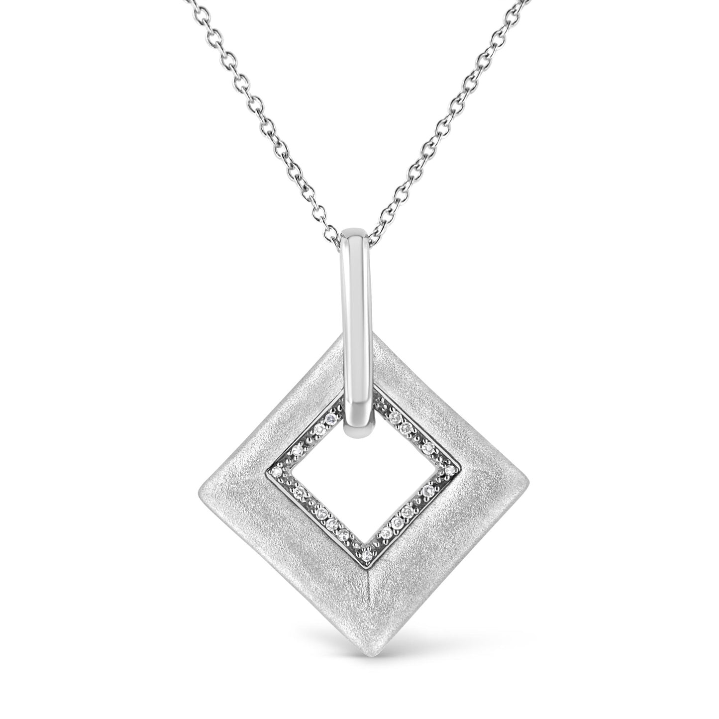 Front view of white metal square pendant necklace with a smaller square center outlined with white round pave-set gemstones, hanging on a chain.