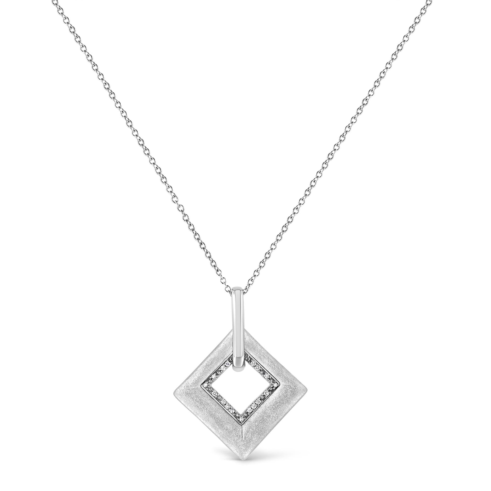 Front view of a white metal necklace with a square-shaped pendant featuring an open center and a smaller square inset adorned with pave-set round white gemstones.