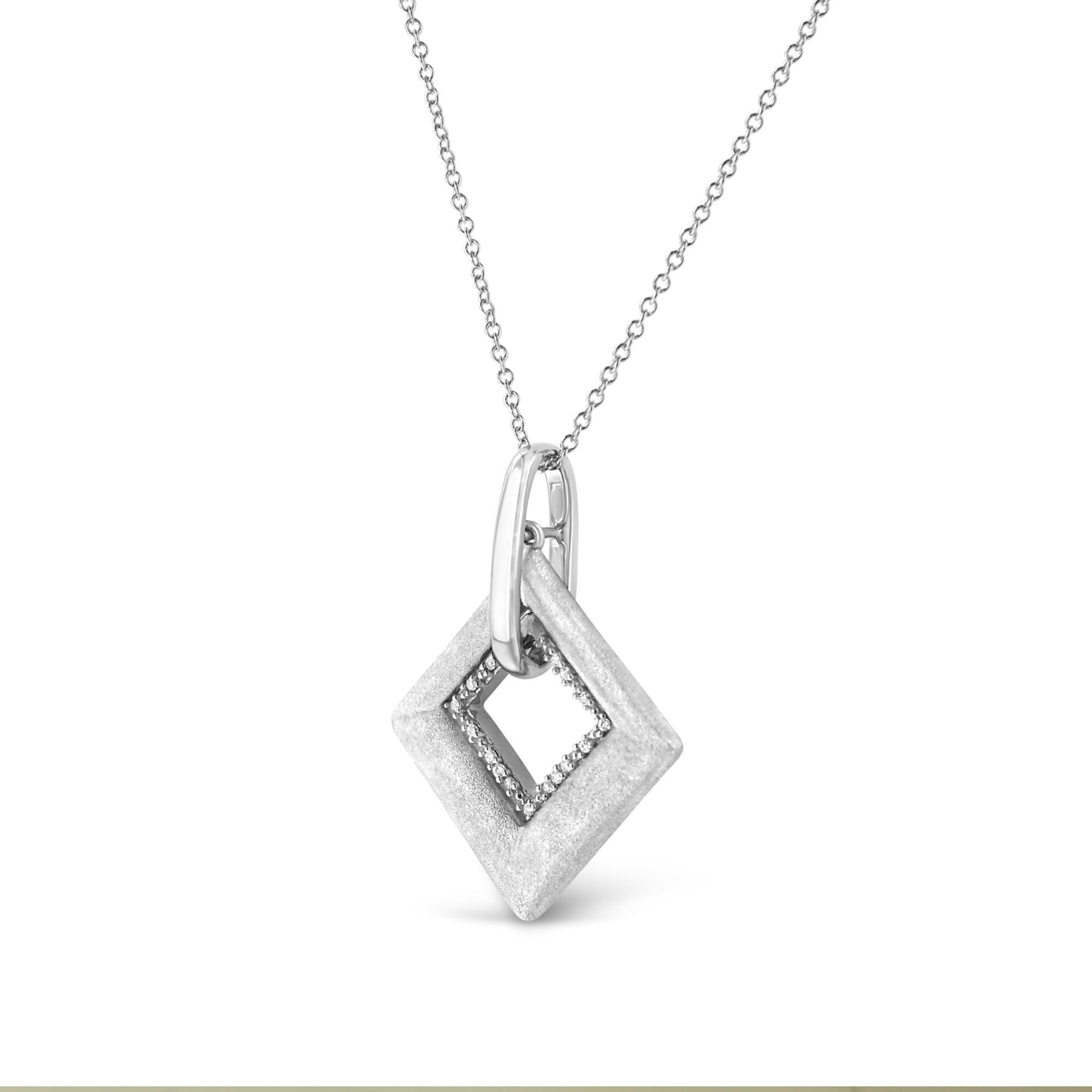 White metal necklace with a geometric pendant featuring a diamond-shaped outer frame and a pave-set inner frame of white gemstones, shown in a front-facing close-up angle.
