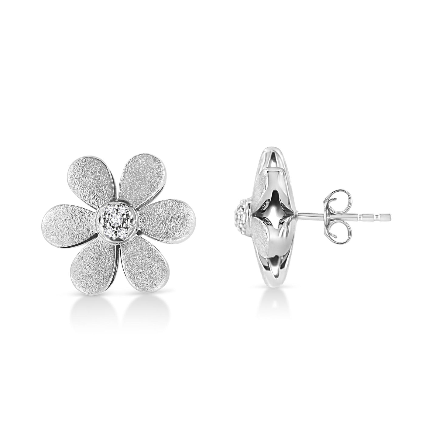 Front and side views of white metal flower-shaped stud earrings with two white and eight brownish round pave-set gemstones in the center.
