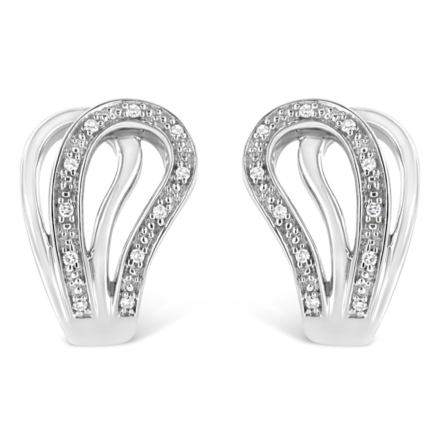 Front view of a pair of white metal earrings with a flowing design accented by round white gemstones in a pave setting.