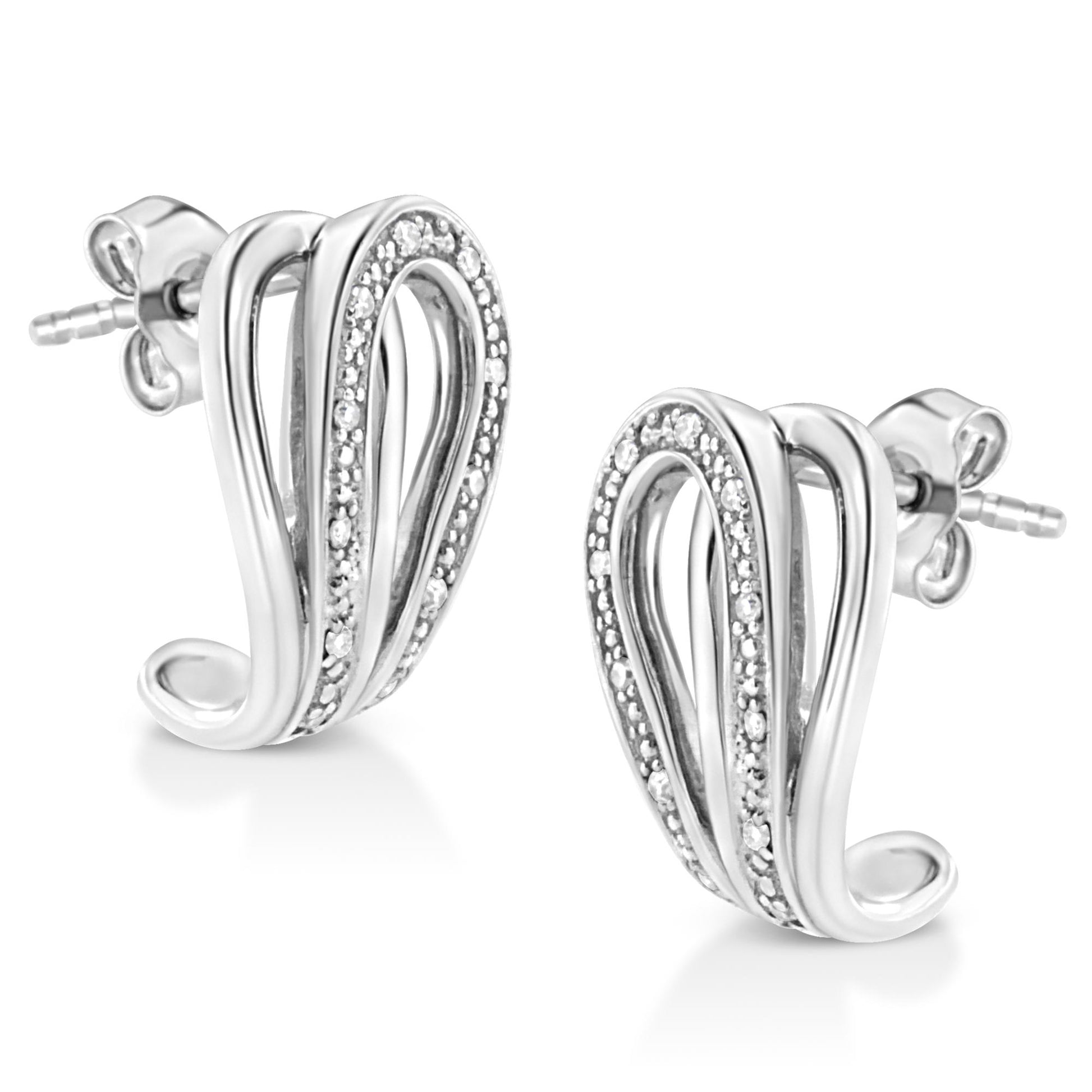 Pair of white metal earrings with a flowing loop design, featuring pavé-set round white gemstones, shown from a front angled view.