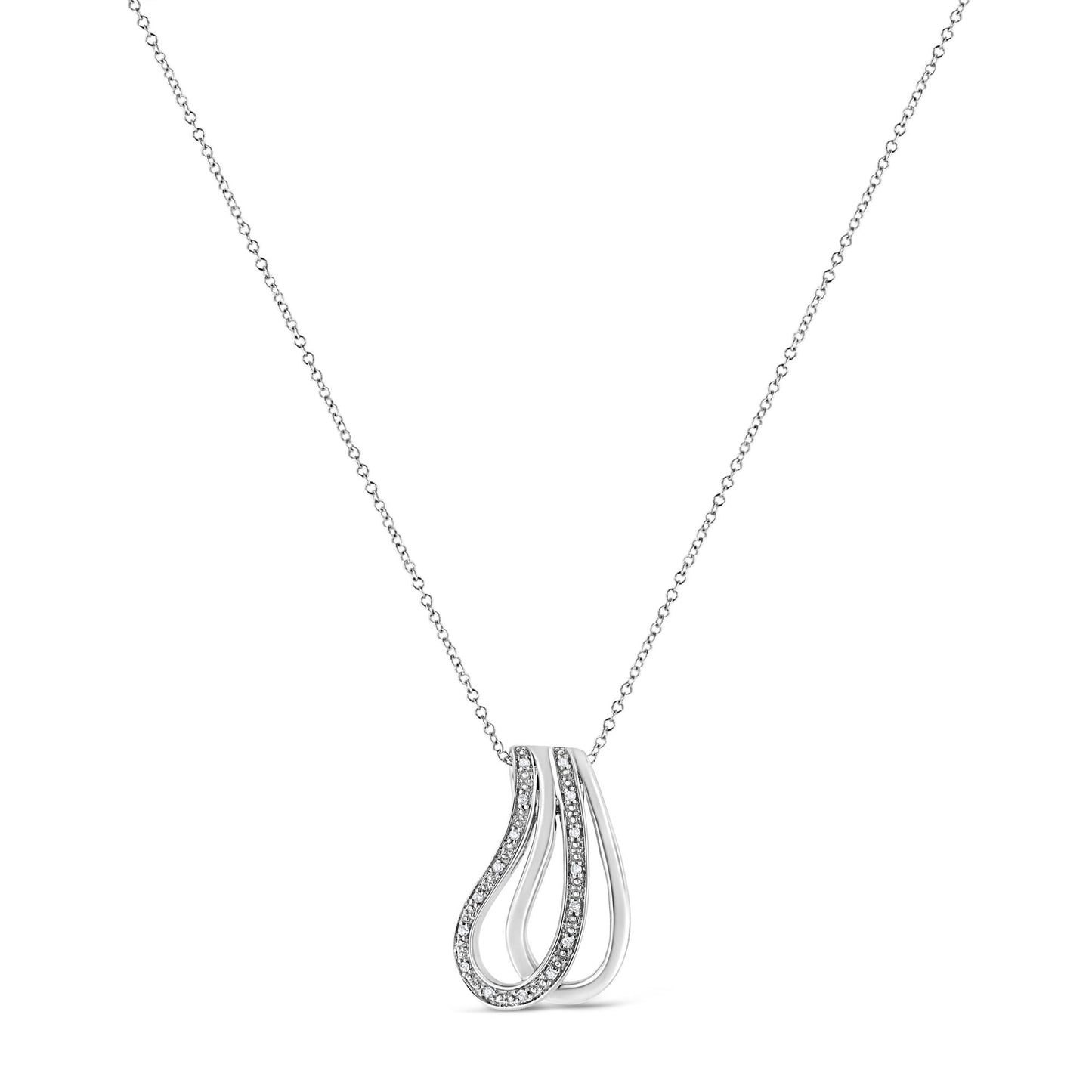 Front view of white necklace with two intertwined teardrop-shaped pendants, one pendant set with round white gemstones in pave setting.