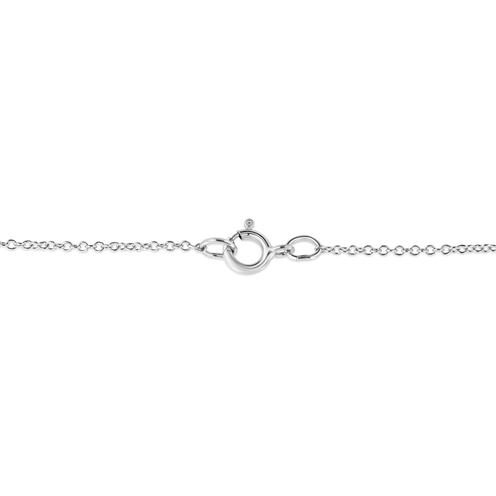 Close-up view of a white metal necklace chain with a spring ring clasp, photographed from the front.