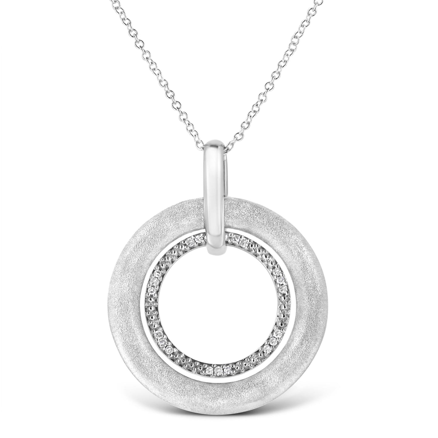 Front view of a white metal necklace featuring a round pendant with an outer textured circle and an inner circle studded with round white gemstones in prong settings.