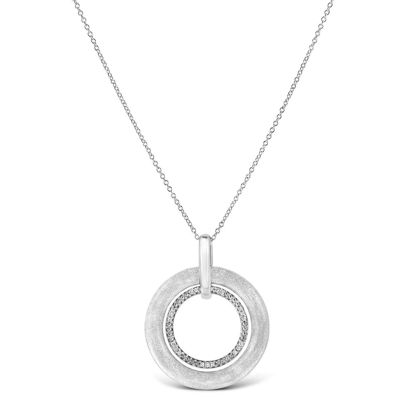 Front view of a white metal necklace with a circular pendant featuring an outer smooth ring and an inner ring set with small round white gemstones.